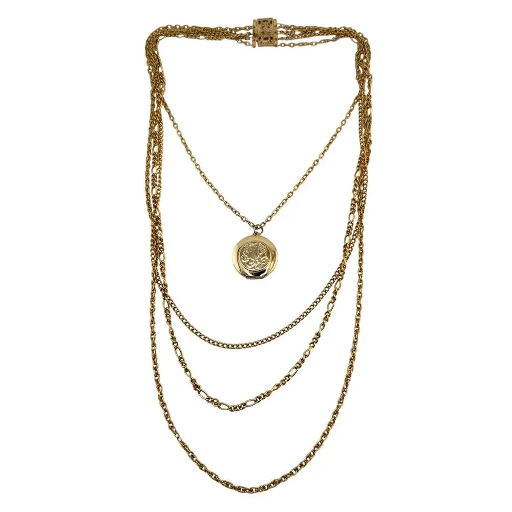 Vintage Monogram Locket Pendant Layered Multichain Gold Tone 19